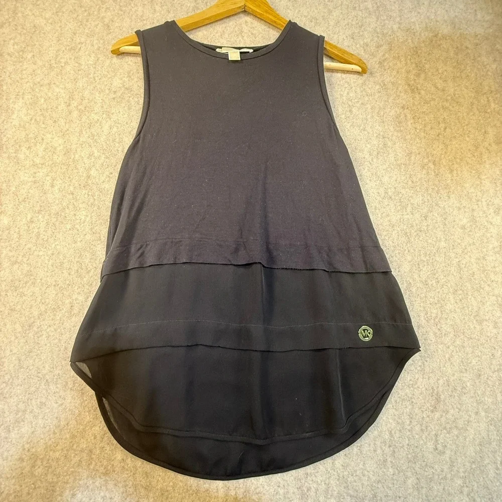 Michael Kors Womens Black‎ Layered Mixed Media Sleeveless Top Gold MK Logo XS